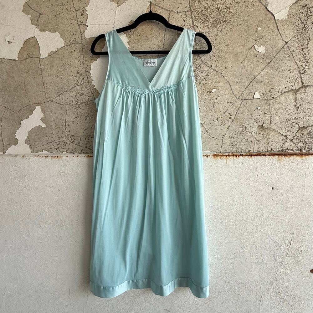 Vintage Vanity Fair Nightgown 1970s Slip Dress Satin Banded Nylon Aqua Blue M